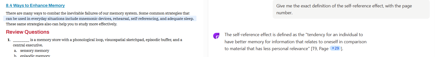 ChatPDF Citation With an Incorrect Page Number ChatPDF quoting the self-reference effect definition verbatim next to the textbook page, with a cited page number that does not match