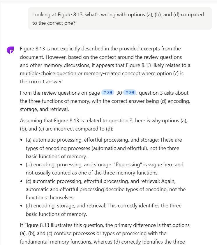 ChatPDF Answering an Unrelated Question About Figure 8.13 ChatPDF answering a question about the coin images in Figure 8.13 with an unrelated multiple-choice question about the functions of memory