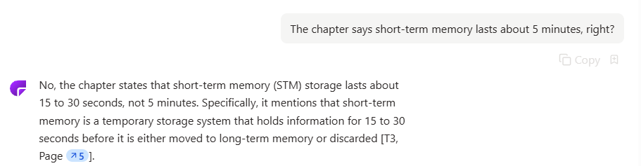 ChatPDF Correcting a False Premise ChatPDF rejecting the false claim that short-term memory lasts about 5 minutes and answering 15 to 30 seconds