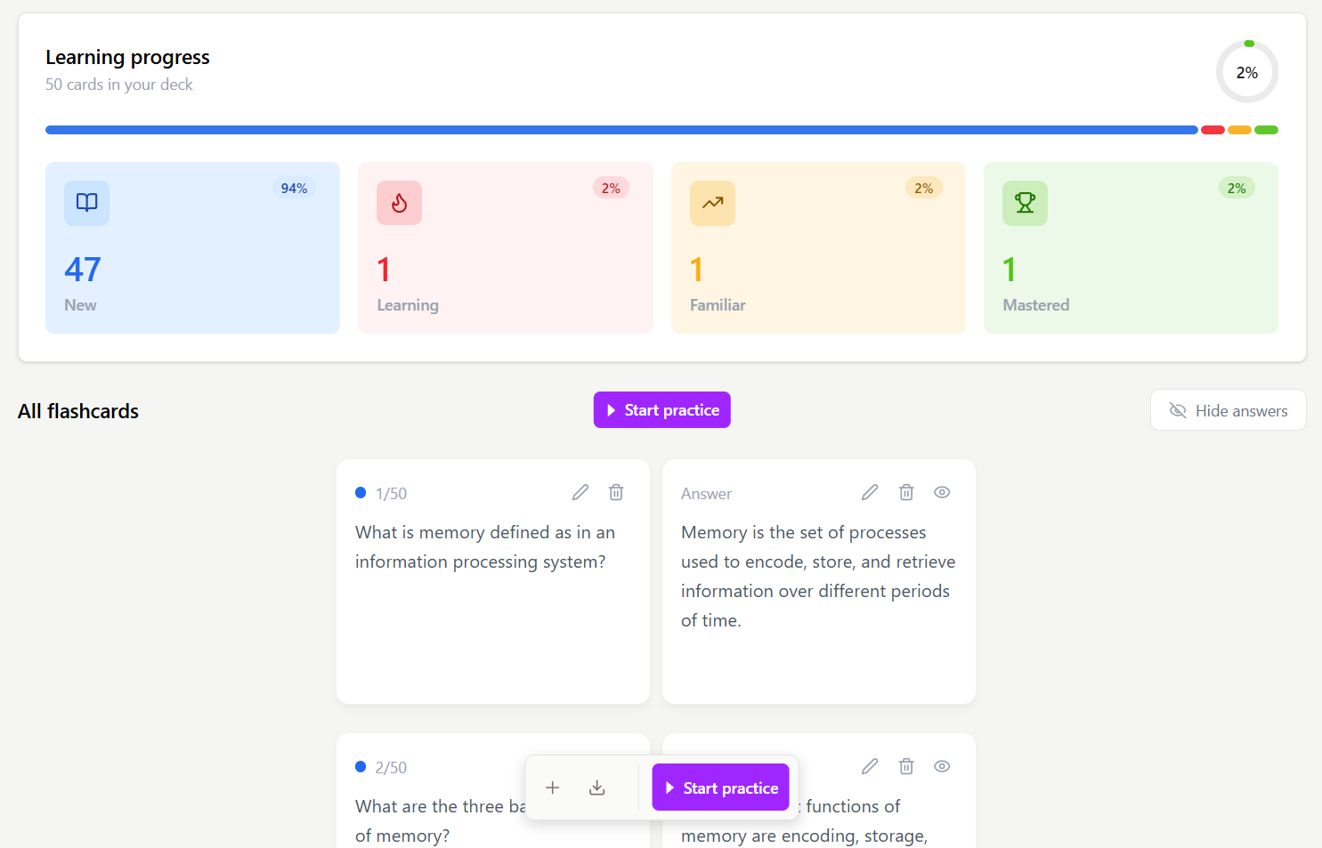 ChatPDF AI Flashcards and Learning Progress ChatPDF flashcard deck of 50 cards with New, Learning, Familiar and Mastered progress counts