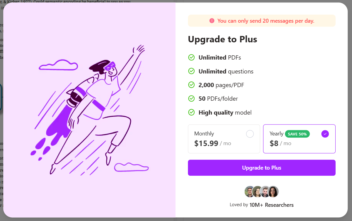ChatPDF Free Plan Message Limit and Plus Pricing ChatPDF upgrade prompt saying the free plan allows 20 messages per day, with Plus priced at $15.99 monthly or $8 a month billed yearly