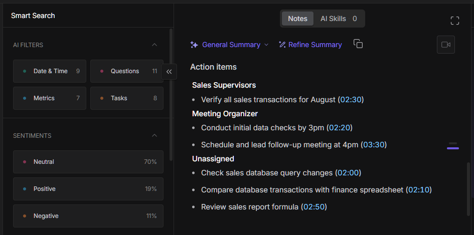 Fireflies AI Action Items and Assignments Fireflies AI meeting notes showing assigned and unassigned action items from a test meeting