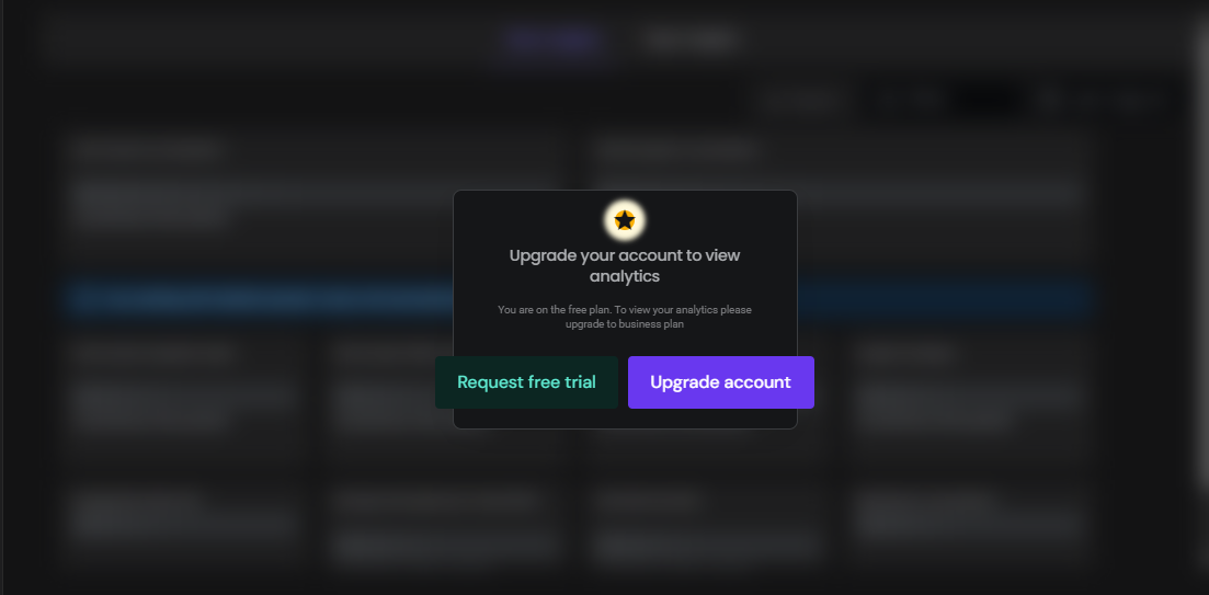 Fireflies Analytics Upgrade Prompt Fireflies prompt requiring a Business plan or free trial to access meeting analytics