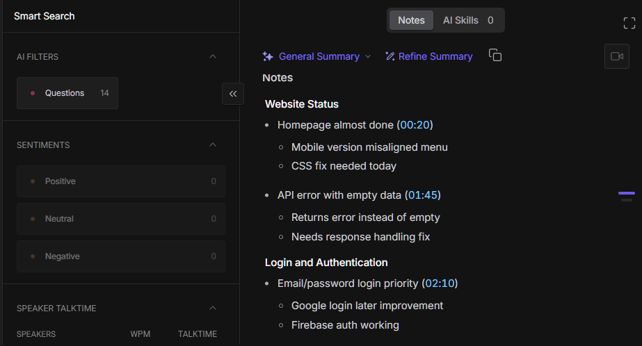 Fireflies AI-Generated Meeting Notes Fireflies AI notes organizing website status, technical issues, login details, and meeting timestamps