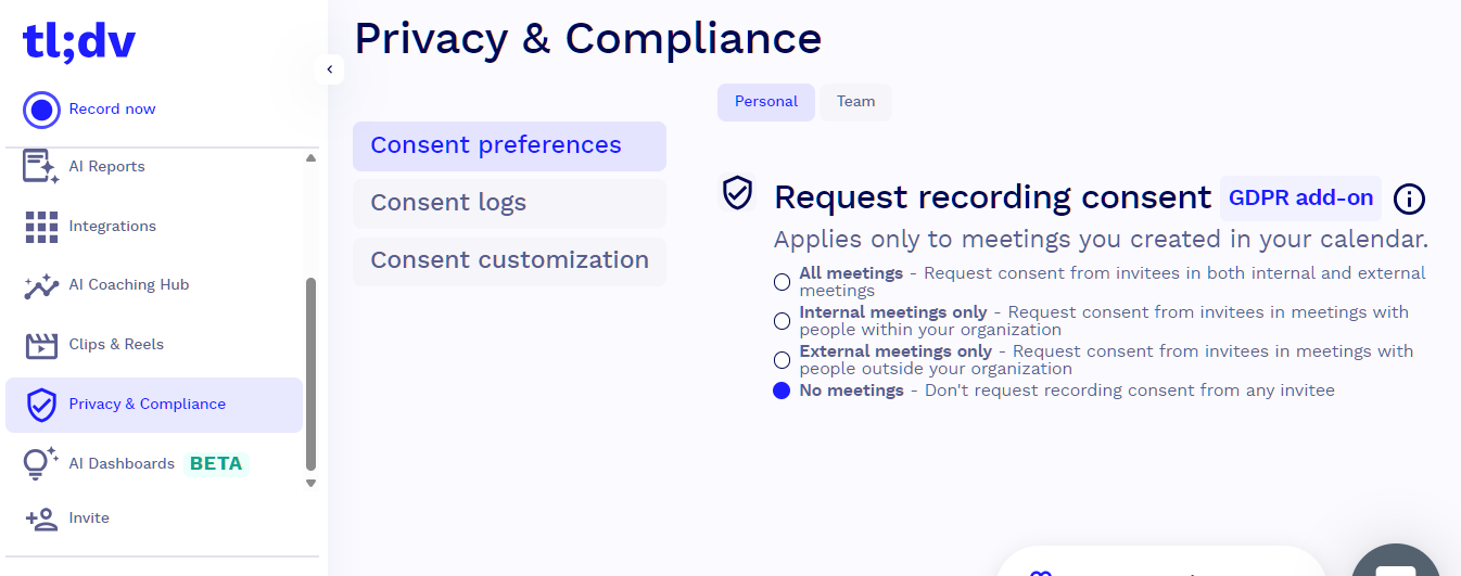 tl;dv Recording Consent Preferences tl;dv Privacy and Compliance page with Request recording consent options for all, internal, external or no meetings, marked as a GDPR add-on