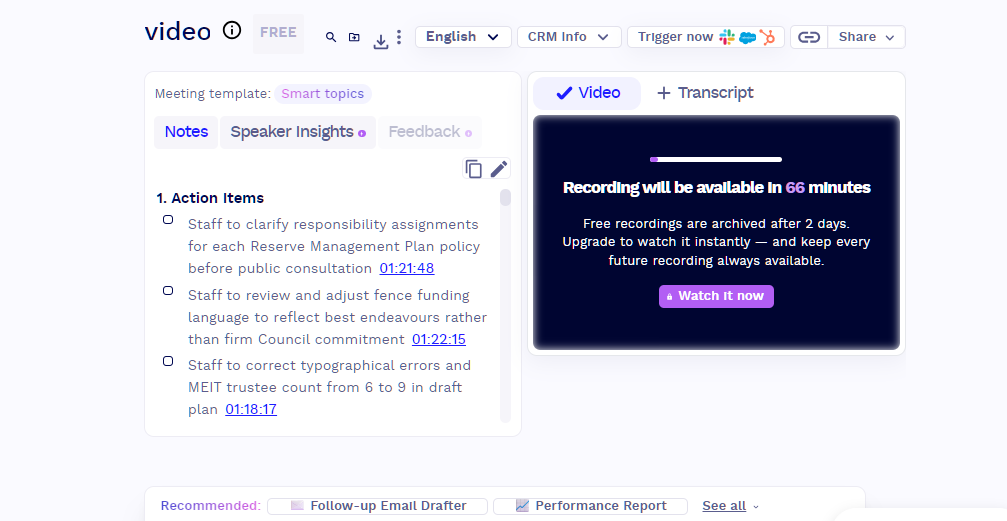 tl;dv Free Recording Archived After Two Days tl;dv meeting page on the free plan with the notice: Recording will be available in 66 minutes. Free recordings are archived after 2 days