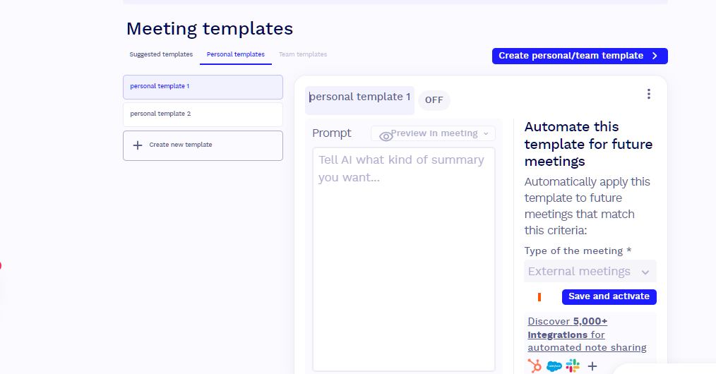 tl;dv Personal Meeting Templates tl;dv Meeting templates page showing a personal template with an empty prompt box and options to automate it for future external meetings