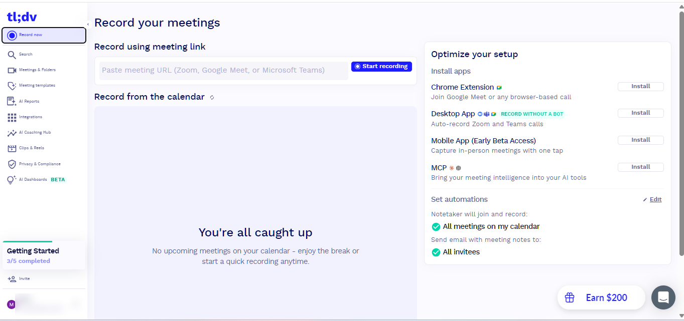 tl;dv Record Your Meetings Dashboard tl;dv Record your meetings page with a meeting link field, an empty calendar list, and install options for the Chrome extension, desktop app, mobile app and MCP