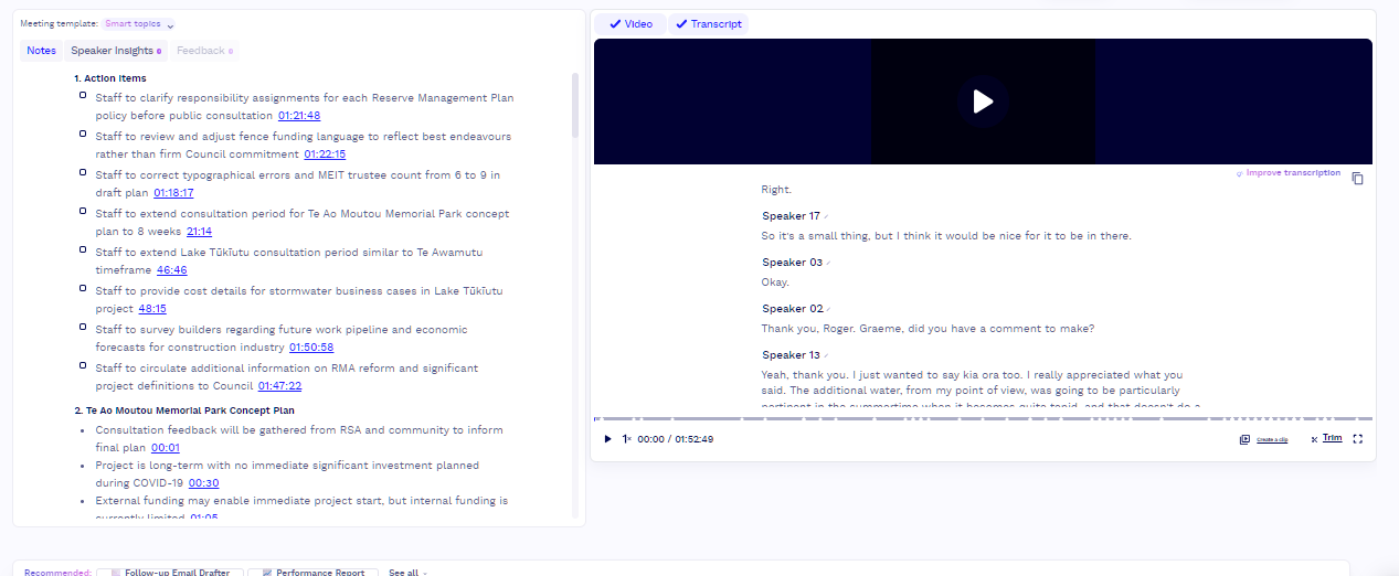 tl;dv AI Notes Next to the Transcript tl;dv meeting view with timestamped action items in the AI notes on the left and the speaker-labeled transcript under the video on the right