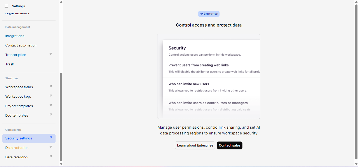 Dovetail security settings page marked Enterprise, showing controls for user permissions, web link sharing, invitations and workspace security Dovetail security settings page marked Enterprise, showing controls for user permissions, web link sharing, invitations and workspace security