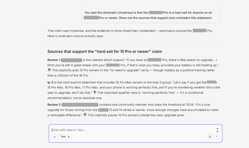 Dovetail AI research response listing the sources that support and the sources that contradict a claim about whether upgrading a phone is necessary Dovetail AI research response listing the sources that support and the sources that contradict a claim about whether upgrading a phone is necessary, with each point traced back to a named review