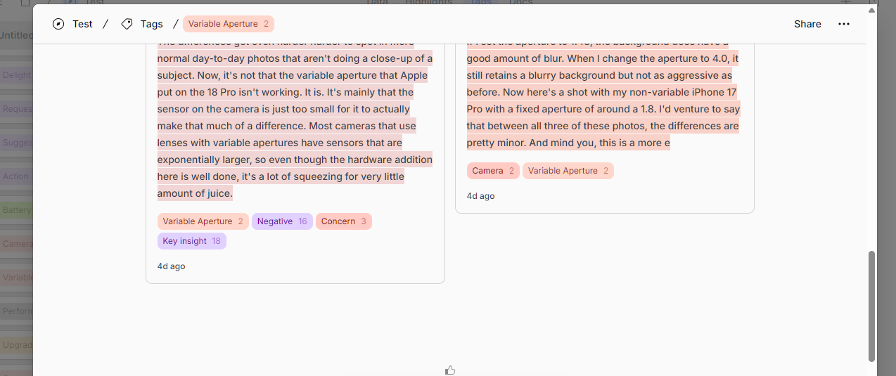 Dovetail research view showing tagged excerpts about a phone camera feature, labelled with tags including Variable Aperture, Negative, Concern and Key insight Dovetail research view showing tagged excerpts about a phone camera feature, labelled with tags including Variable Aperture, Negative, Concern and Key insight