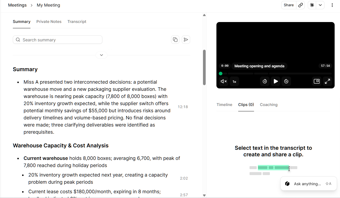 Grain summary of the 17-minute live warehouse and packaging supplier meeting, with timestamped bullet points on warehouse capacity, lease costs and supplier savings next to the recording player