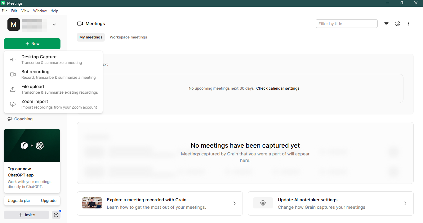 Grain Meetings page with the New menu open, listing Desktop Capture, Bot recording, File upload and Zoom import