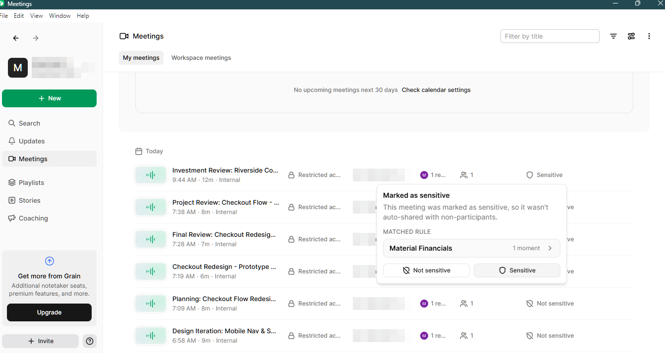 Grain Meetings list with a Marked as sensitive popup explaining the meeting was not auto-shared with non-participants because it matched the Material Financials rule, with Not sensitive and Sensitive buttons