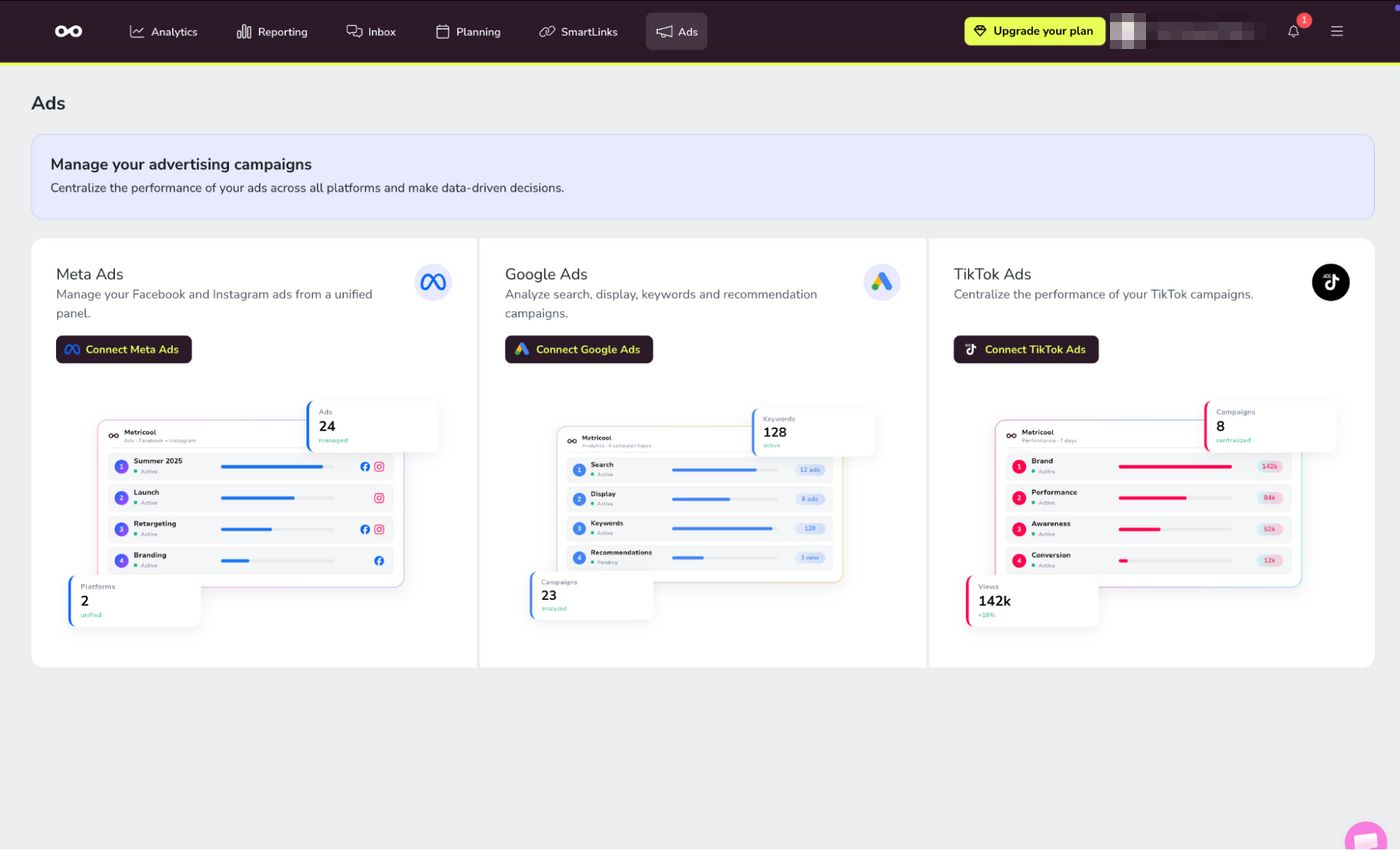 Metricool Ads Metricool Ads page with connection buttons for Meta Ads, Google Ads, and TikTok Ads, each with an example campaign performance panel