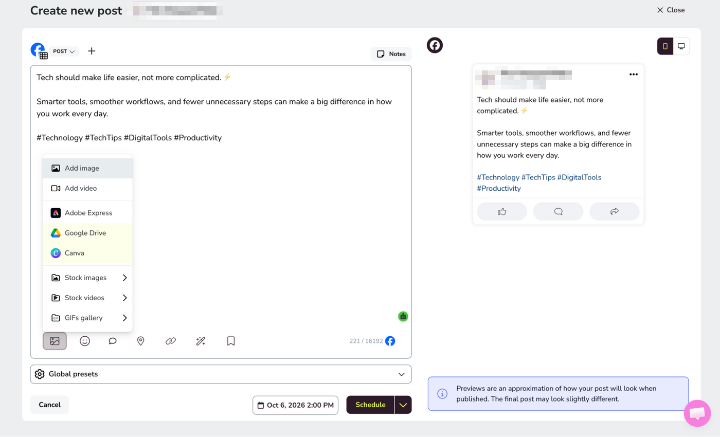 Adding Media in the Metricool Composer Metricool Create new post screen for the test brand showing a caption editor, Facebook preview, media menu, Adobe Express, Google Drive, Canva, stock images, stock videos, and GIF options