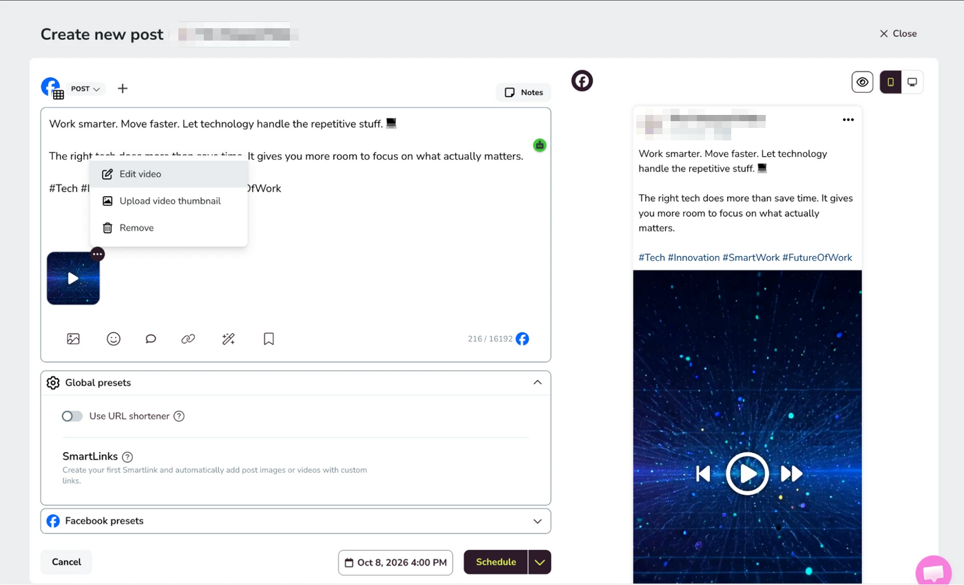Opening the Metricool Video Editor Metricool Create new post screen with an uploaded vertical video, the video menu open showing Edit video, Upload video thumbnail and Remove, and a Facebook preview of the post