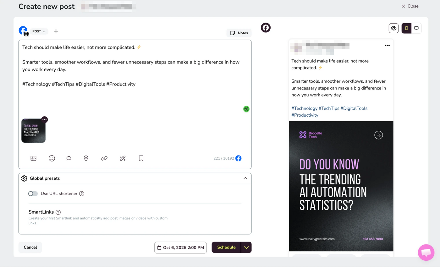 Metricool Post Composer With Live Preview Metricool Create new post screen showing the test brand’s Facebook post with an uploaded graphic, live post preview, global presets, URL shortener option, scheduling date, and Schedule button