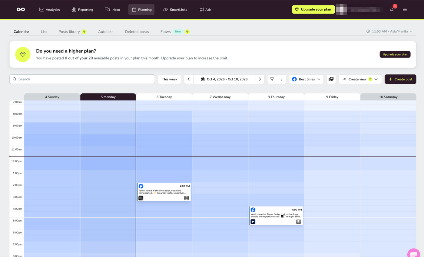 Metricool Weekly Planner Metricool weekly planning calendar showing scheduled Facebook posts across October 4 to October 10, 2026, with best-time shading, search, filters, and a Create post button